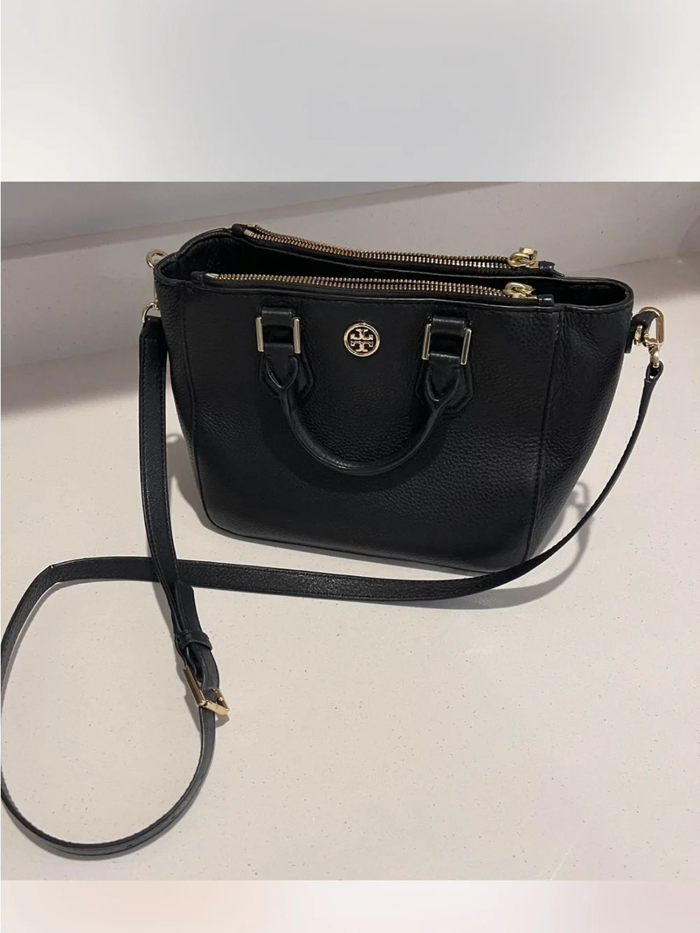 Tory Burch Black Pebbled Leather Double-Zip Crossbody Bag